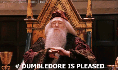 Dumbledore claping and subtitles "Dumbledore is pleased"